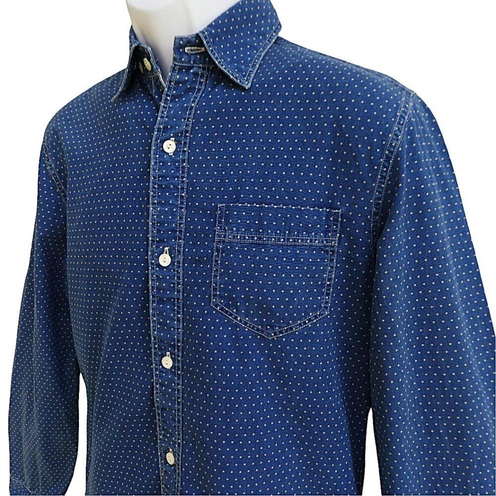 Double RL Ralph Lauren Mens Blue Denim Button Front Shirt Wht Polka Dot Slim Fit